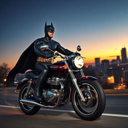 A dynamic scene featuring a superhero resembling Batman, riding a classic motorcycle model CBX