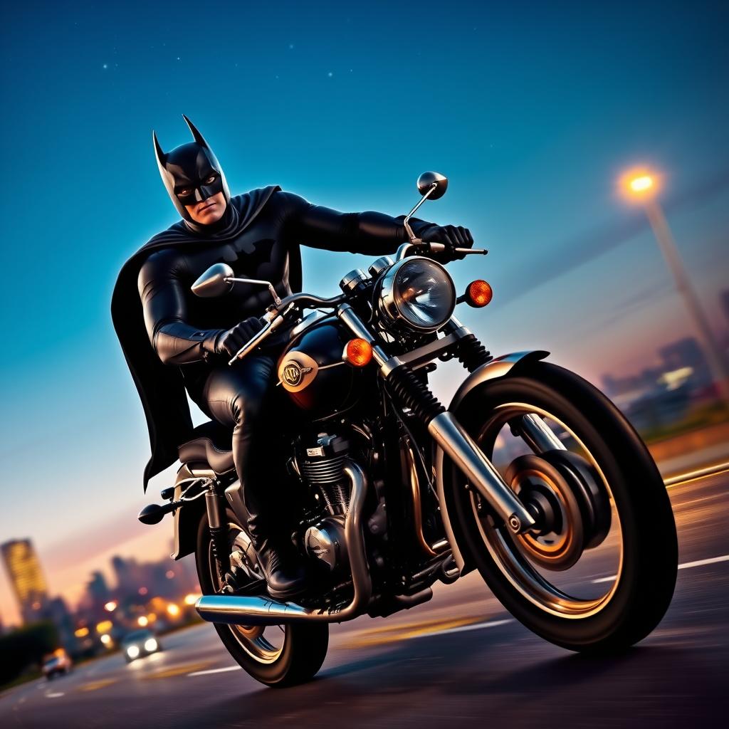 A dynamic scene featuring a superhero resembling Batman, riding a classic motorcycle model CBX