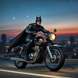 A dynamic scene featuring a superhero resembling Batman, riding a classic motorcycle model CBX