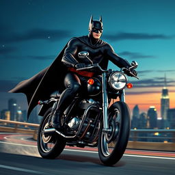A dynamic scene featuring a superhero resembling Batman, riding a classic motorcycle model CBX