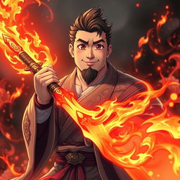 An anime kind man with a large body, featuring soft and gentle facial features, completely lacking visible muscles, holds a stunning fiery sword that emanates vibrant flames