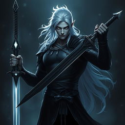 A dark fantasy scene featuring a male fallen aasimar hexblade warlock
