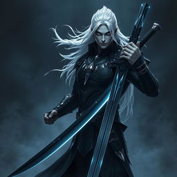 A dark fantasy scene featuring a male fallen aasimar hexblade warlock