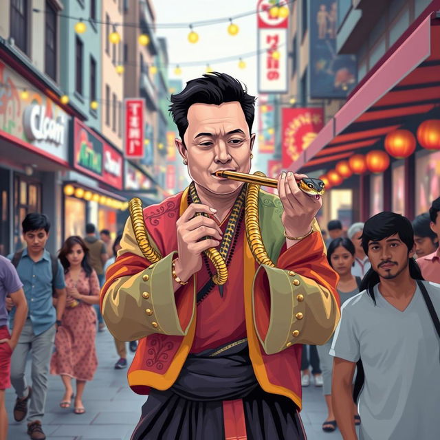 Elon Musk depicted as a charismatic snake charmer performing on a vibrant street, wearing colorful traditional attire, with a mesmerizing cobra coiling around a flute