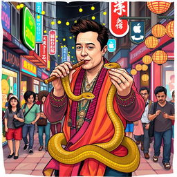 Elon Musk depicted as a charismatic snake charmer performing on a vibrant street, wearing colorful traditional attire, with a mesmerizing cobra coiling around a flute