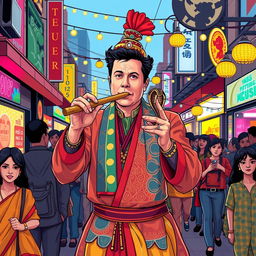 Elon Musk depicted as a charismatic snake charmer performing on a vibrant street, wearing colorful traditional attire, with a mesmerizing cobra coiling around a flute