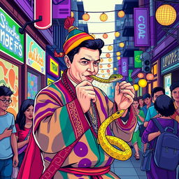 Elon Musk depicted as a charismatic snake charmer performing on a vibrant street, wearing colorful traditional attire, with a mesmerizing cobra coiling around a flute