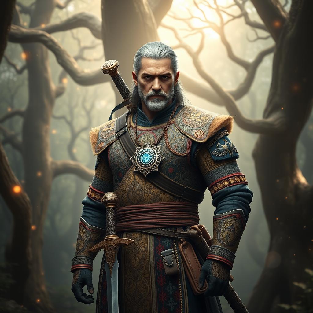 A Persian Witcher standing confidently in a mystical forest, adorned in intricate, historical Persian armor with elegant patterns and vibrant colors