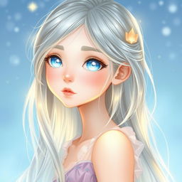Liannea, a girl with delicate facial features, a glowing aura, and heavenly blue eyes that reflect the endless sky