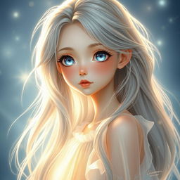Liannea, a girl with delicate facial features, a glowing aura, and heavenly blue eyes that reflect the endless sky