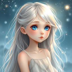 Liannea, a girl with delicate facial features, a glowing aura, and heavenly blue eyes that reflect the endless sky