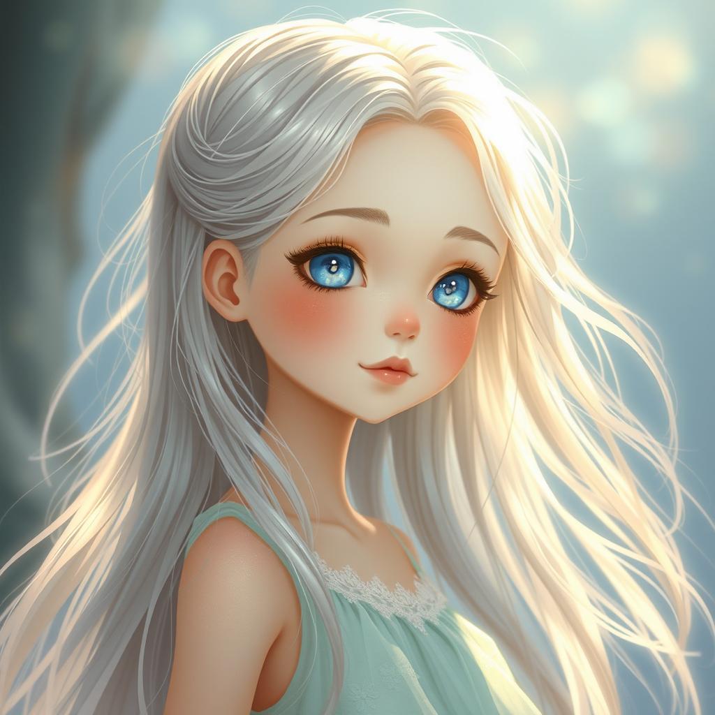 Liannea, a girl with delicate facial features, a glowing aura, and heavenly blue eyes that reflect the endless sky