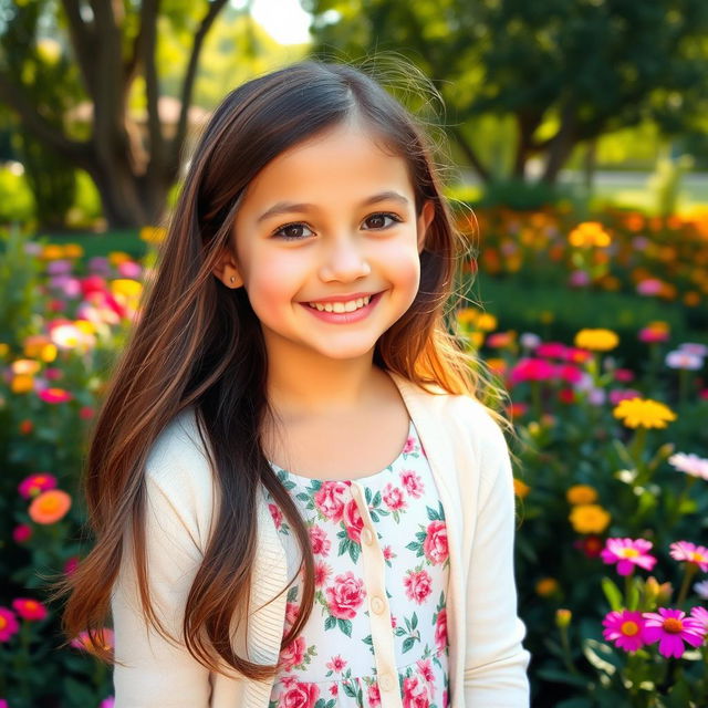 A beautiful girl with long flowing hair, smiling brightly at the camera