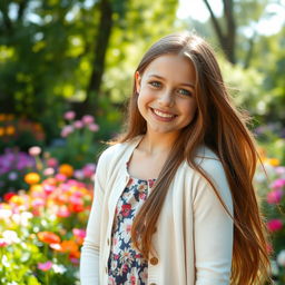 A beautiful girl with long flowing hair, smiling brightly at the camera