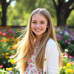 A beautiful girl with long flowing hair, smiling brightly at the camera