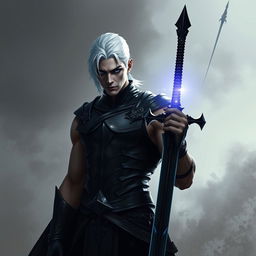 A dark fantasy scene featuring a male fallen aasimar hexblade warlock standing confidently with a jagged onyx longsword in his right hand