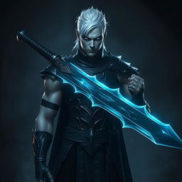 A dark fantasy scene featuring a male fallen aasimar hexblade warlock standing confidently with a jagged onyx longsword in his right hand