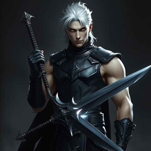 A dark fantasy scene featuring a male fallen aasimar hexblade warlock standing confidently with a jagged onyx longsword in his right hand