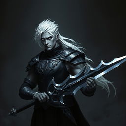 A dark fantasy scene featuring a male fallen aasimar hexblade warlock standing confidently with a jagged onyx longsword in his right hand