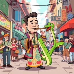 Elon Musk illustrated as a charismatic snake charmer on a bustling street, wearing colorful traditional attire, captivating a green cartoon snake that playfully coils around his flute