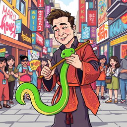 Elon Musk illustrated as a charismatic snake charmer on a bustling street, wearing colorful traditional attire, captivating a green cartoon snake that playfully coils around his flute