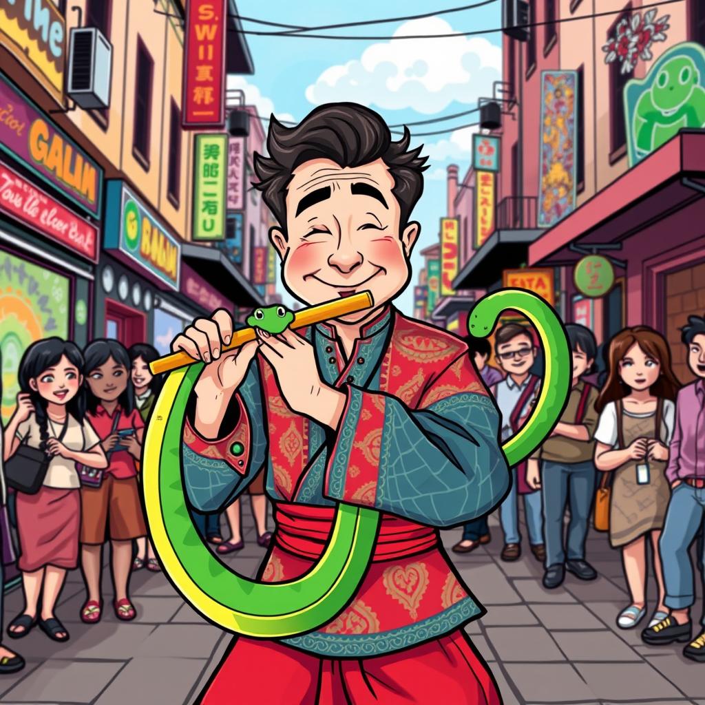 Elon Musk illustrated as a charismatic snake charmer on a bustling street, wearing colorful traditional attire, captivating a green cartoon snake that playfully coils around his flute