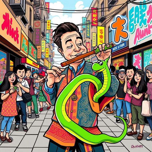 Elon Musk illustrated as a charismatic snake charmer on a bustling street, wearing colorful traditional attire, captivating a green cartoon snake that playfully coils around his flute