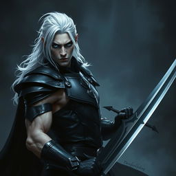 A dark fantasy scene featuring a male fallen aasimar hexblade warlock
