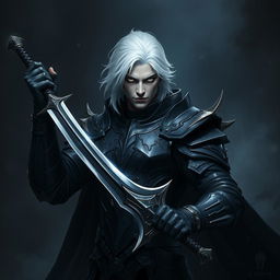 A dark fantasy scene featuring a male fallen aasimar hexblade warlock