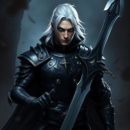 A dark fantasy scene featuring a male fallen aasimar hexblade warlock