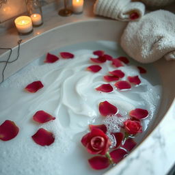 A luxurious scene showcasing a relaxing bath with creamy bath cream swirling in the water, soft bubbles rising, surrounded by floating petals of fragrant roses, and soft candlelight casting a warm glow