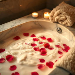 A luxurious scene showcasing a relaxing bath with creamy bath cream swirling in the water, soft bubbles rising, surrounded by floating petals of fragrant roses, and soft candlelight casting a warm glow