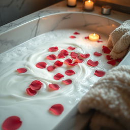 A luxurious scene showcasing a relaxing bath with creamy bath cream swirling in the water, soft bubbles rising, surrounded by floating petals of fragrant roses, and soft candlelight casting a warm glow