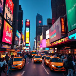 A vibrant and bustling city scene inspired by Times Square, showcasing illuminated billboards, lively pedestrians, and colorful street vendors