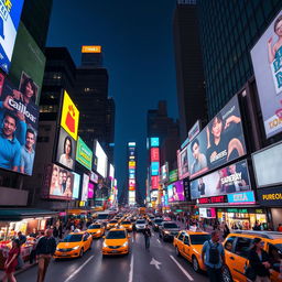 A vibrant and bustling city scene inspired by Times Square, showcasing illuminated billboards, lively pedestrians, and colorful street vendors
