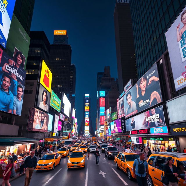 A vibrant and bustling city scene inspired by Times Square, showcasing illuminated billboards, lively pedestrians, and colorful street vendors