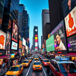 A vibrant and bustling city scene inspired by Times Square, showcasing illuminated billboards, lively pedestrians, and colorful street vendors