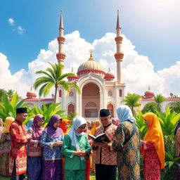 A vibrant and colorful scene depicting traditional Indonesian Muslim culture