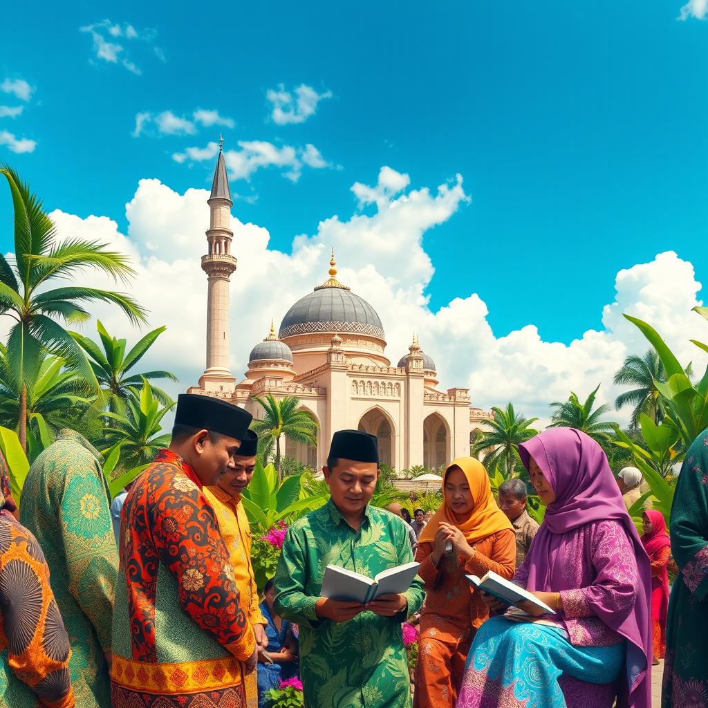 A vibrant and colorful scene depicting traditional Indonesian Muslim culture