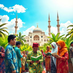 A vibrant and colorful scene depicting traditional Indonesian Muslim culture