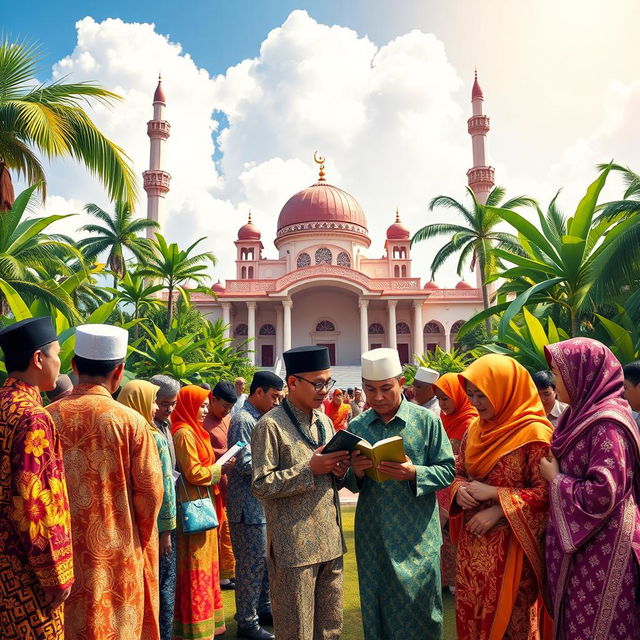 A vibrant and colorful scene depicting traditional Indonesian Muslim culture