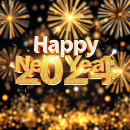A vibrant and festive 3D logo that says 'Happy New Year 2024'
