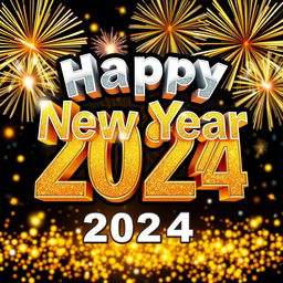 A vibrant and festive 3D logo that says 'Happy New Year 2024'