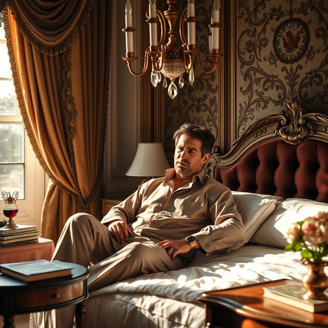 A charming and affluent French man, elegantly dressed in a stylish shirt and comfortable pajama pants, looking unwell while resting in a luxurious bed