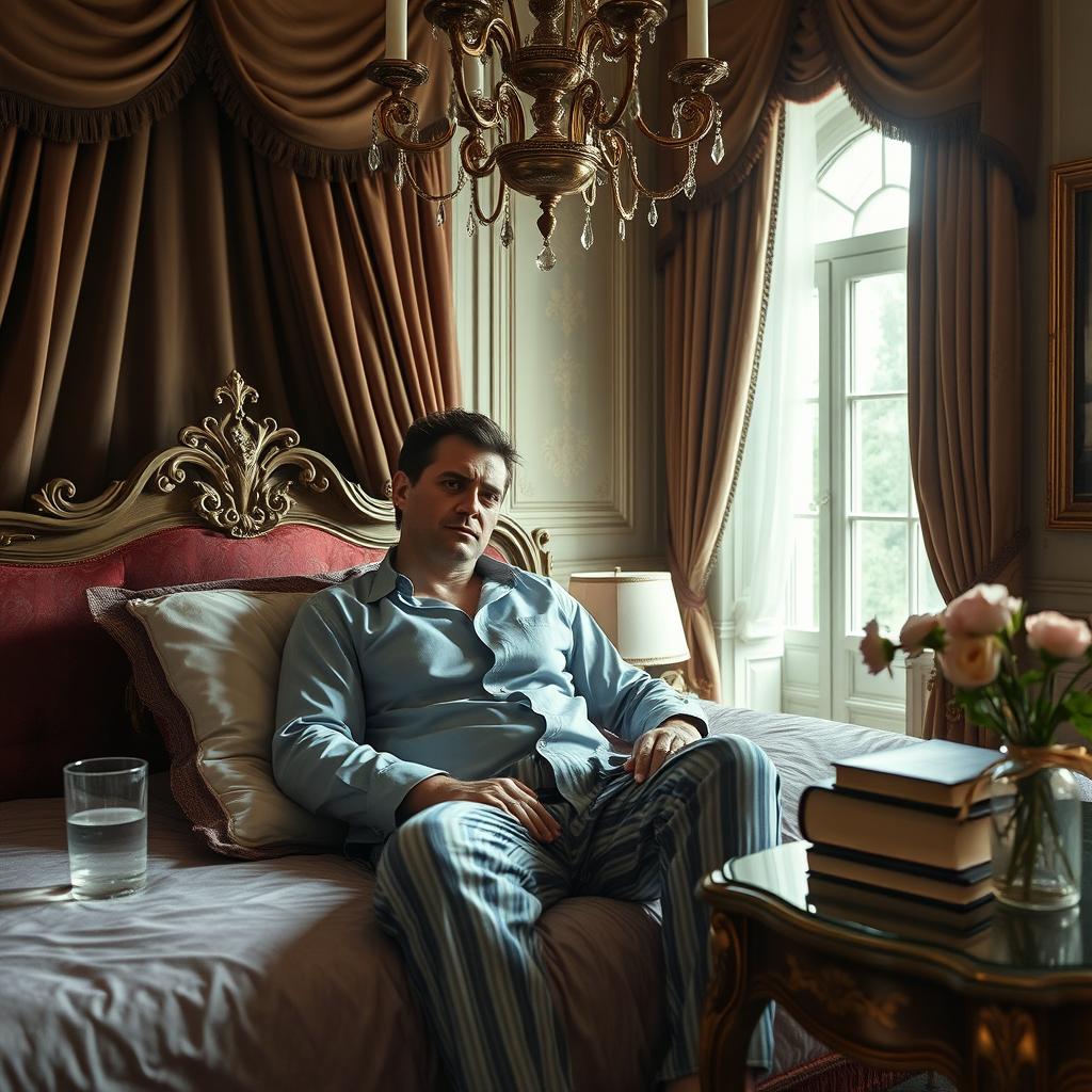 A charming and affluent French man, elegantly dressed in a stylish shirt and comfortable pajama pants, looking unwell while resting in a luxurious bed