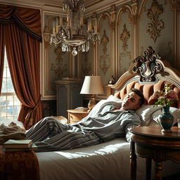 A charming and affluent French man, elegantly dressed in a stylish shirt and comfortable pajama pants, looking unwell while resting in a luxurious bed