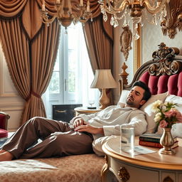 A charming and affluent French man, elegantly dressed in a stylish shirt and comfortable pajama pants, looking unwell while resting in a luxurious bed