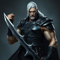 A dramatic dark fantasy scene showcasing a male fallen aasimar hexblade warlock