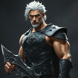 A dramatic dark fantasy scene showcasing a male fallen aasimar hexblade warlock
