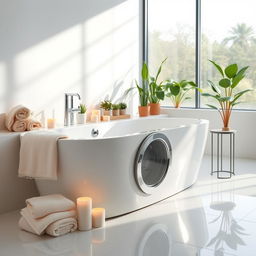 A serene bathroom scene featuring a modern bath washer, elegantly designed for both functionality and aesthetics